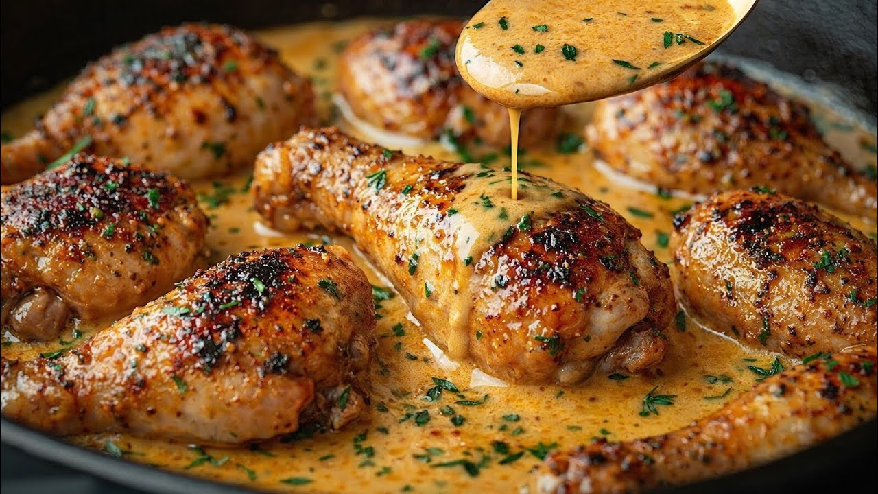 Roast chicken in creamy mushroom sauce. An easy dinner recipe!