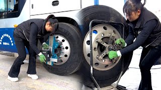 Bus Puncture Tire Replacement And Wheel Alignment Balancing