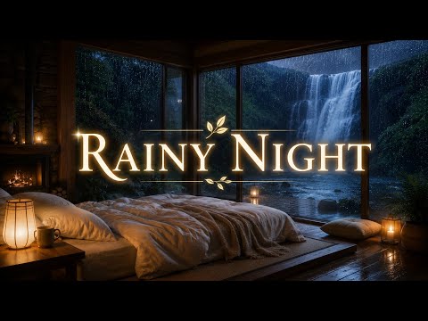 🌧️ Rainy Night Ambience ☔ Cozy Bedroom & Waterfall Sounds for Deep Sleep, Relaxing Rain Sounds