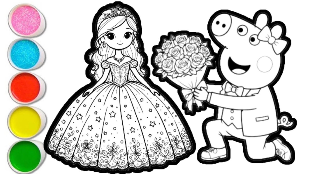 Drawing Princess Papi Peppa pig with princess drawing and coloring for kids and toddlers ...
