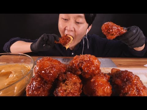 ASMR Mukbang BBQ Gold Olive Seasoned Spicy Chicken + <strong>Nacho</strong> Cheese / 양념 황금올리브 닭다리 치킨 + 나쵸치즈 소리 먹방