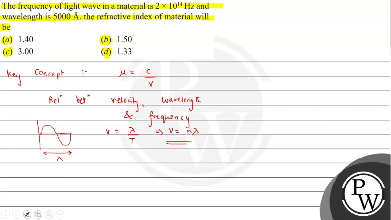 The frequency of light wave in a material is/( 2/times 10^14/mathrm~Hz/) and wavelength pic pic