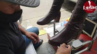 2 HEELS boots on fire  Street Shoe Shine  #asmr #shoeshine #ladies #ladiesasmrshoeshine #sexy