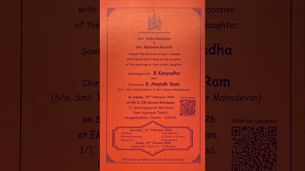 K. ANANDH RAM | B.KAVYADHA WEDDING   22 February 2026   9.00  AM