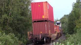 Extra Stack Train 123 w/Friendly Crew - Horn Action at Berry Mills, NB