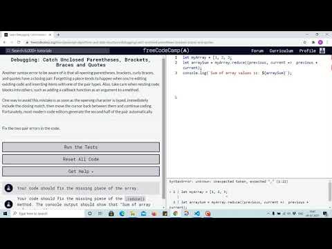 Tutorial 5 - catch unclosed parenthesis, bracket, braces and quotes - freecodecamp