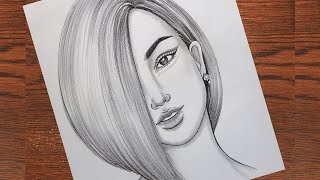 A Girl with Beautiful Hair - pencil sketch (Step by step) || How to draw Hidden Half Face of Girl