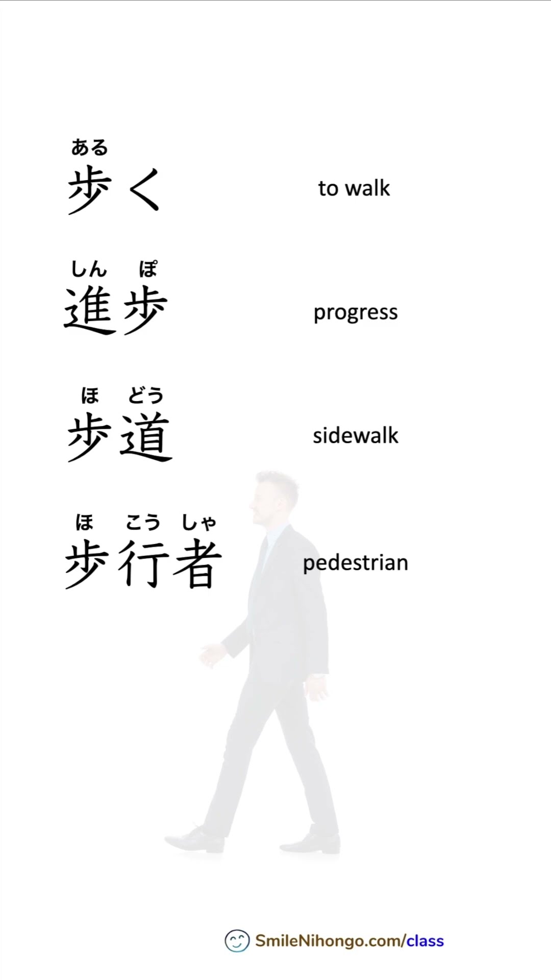 Kanji Practice 歩 (Walk) JLPT N4 | Learn 5 Words in 1 Minute