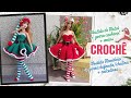 Vestido de Natal + Gorro Cachecol e Meias de Crochê para Bonecas