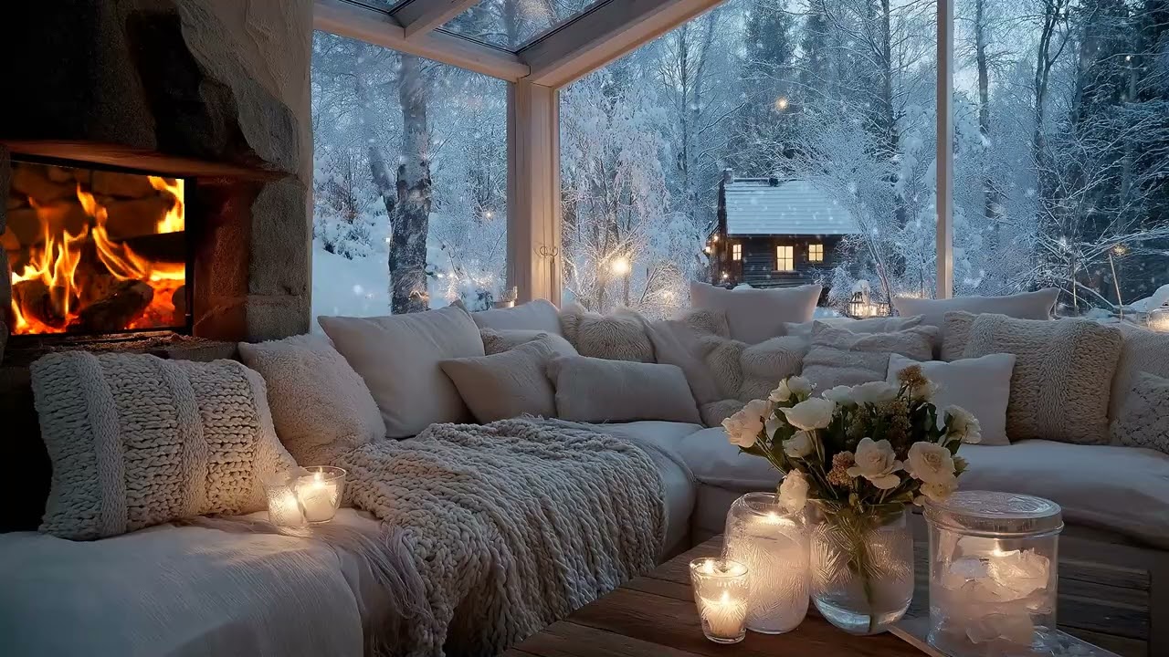Snowfall Lounge Piano ❄️| Warm Candles, Flowers & Cozy Winter Room |  Study Healing Relax Meditation
