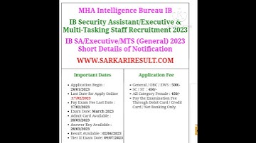 MHA Intelligence Bureau IB Security Assistant/Executive & MTS  2023 Tier I Result, TierII Exam Date