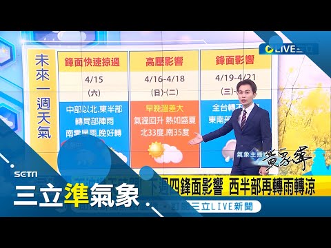 還會再變天！鋒面雨帶快閃 晚上天氣開始好轉 明(16日)轉穩定高溫 下週四鋒面報到影響台灣 西半部再轉雨轉涼│氣象主播 黃家緯│【三立準氣象】20230415│三立新聞台