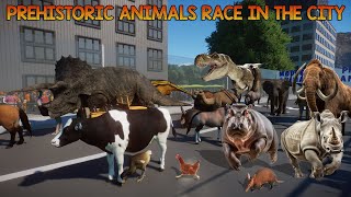 Animals VS Prehistoric Animals Race in the City included Mammoth, TRex, Elephant, & Triceratops