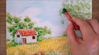 Kolay Pastel Boya Kır Evi Manzara Nasıl Çizilir 1/Oil Pastel/Kolay Çizim