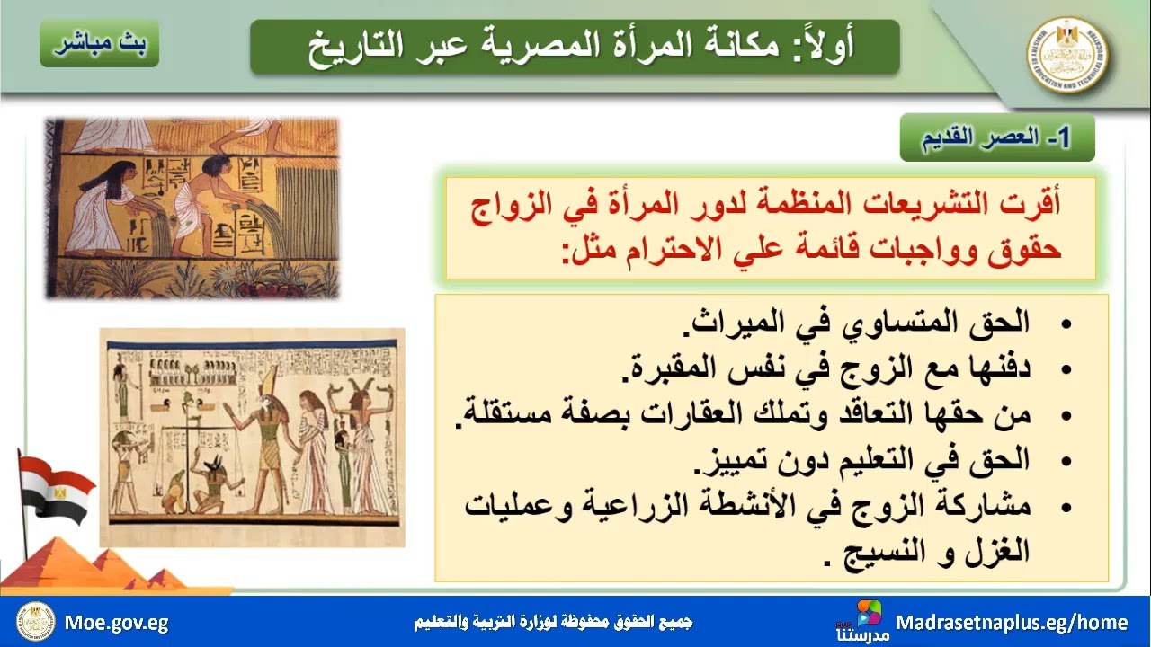 المواطنة وحقوق الإنسان الصف الثاني الثانوي_ مكانة المرأة المصرية عبر التاريخ  الحصة الأولى