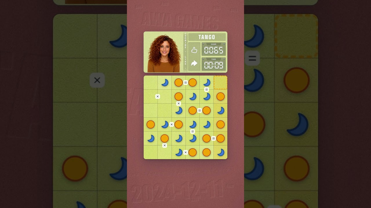 LinkedIn Tango #65 solved board for December 11, 2024, 6x6 grid