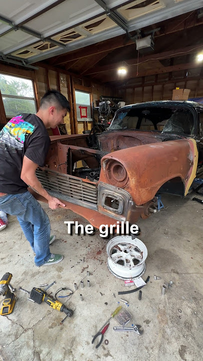Part2! Stripping the 56 to maneuver the engine into place! #hotrod #chevy #toyota #tri5 #2jz