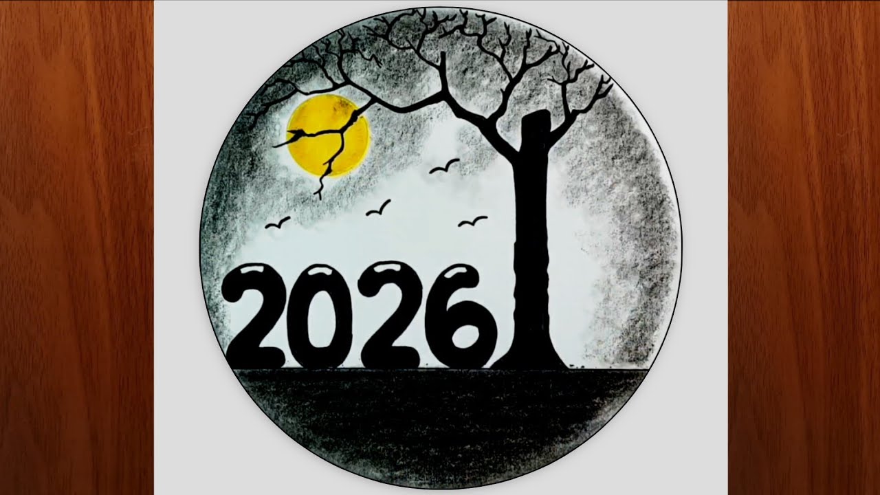 2026 drawing happy new year | how to draw new year scenery | circle drawing easy step by step