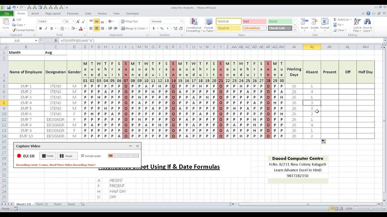 Excel Present Absent Formula