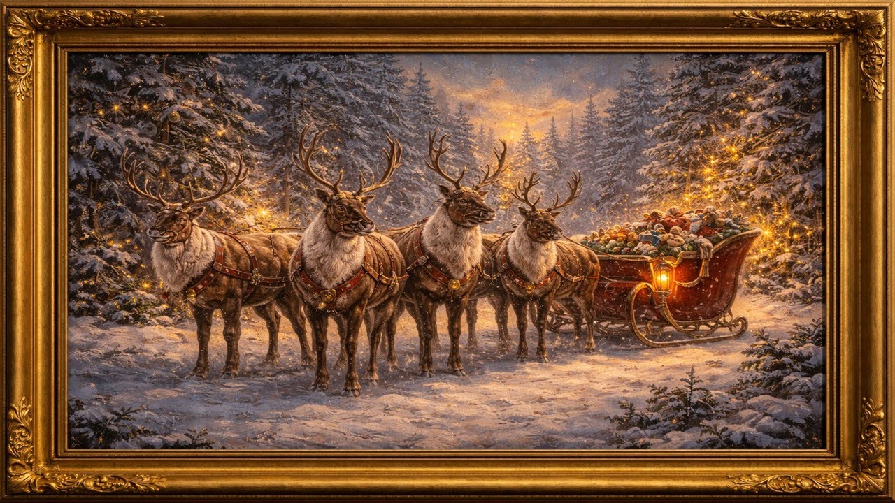 Art Screensaver | Framed TV | Escena navideña renos de Santa | 4K TV