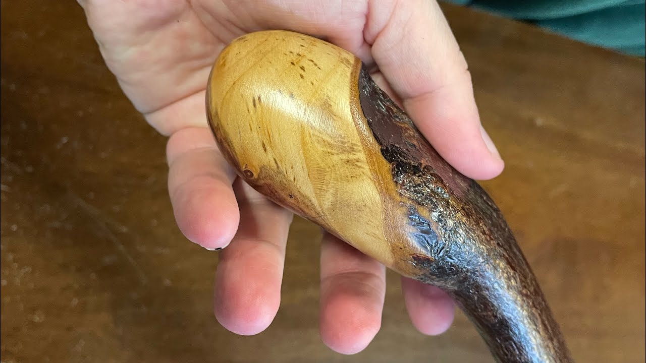 Blackthorn walking stick made from piece of forked blackthorn . - Irish stick making.