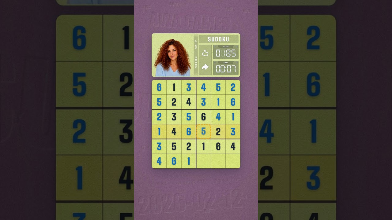 LinkedIn Mini Sudoku #185 solved board for February 12, 2026, 6x6 grid