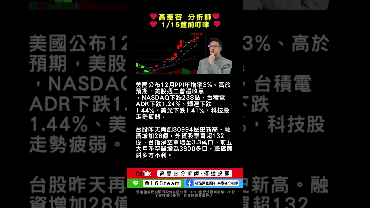 2026.1.15【台股盤前一分鐘】美股拉回，台股聚焦台積電法說#高憲容帶您一分鐘掌握台股盤前重點＆熱門焦點股#盤前分析#