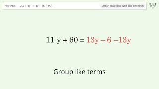 Linear equation with one unknown: Solve 12(5+2y)=4y-(6-9y) step-by-step solution