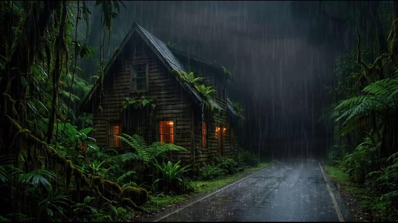 Warm Cozy Cabin Surrounded by Rain in Dark Forest Night