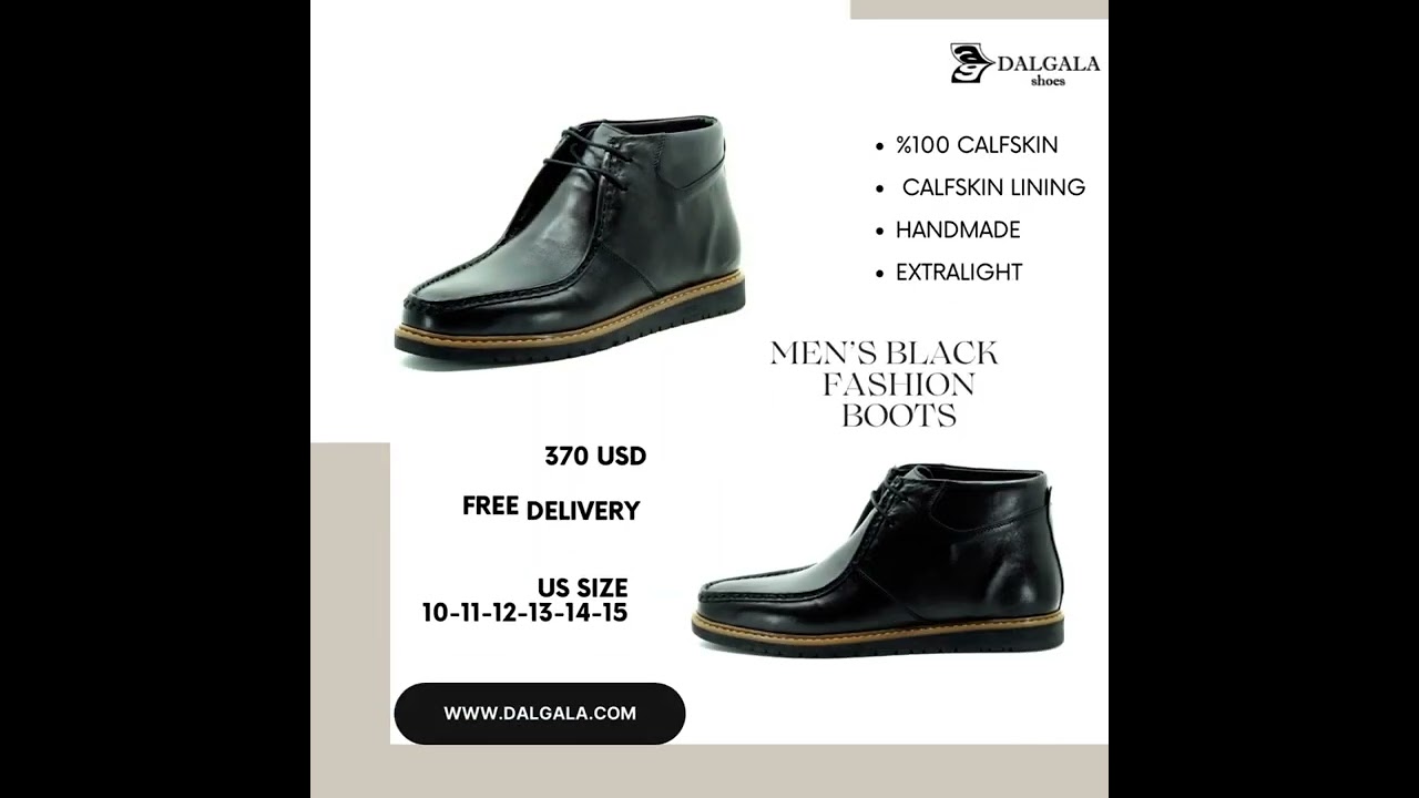 Black Calf Leather Calfskin Lining Handmade Men's King Size Boots