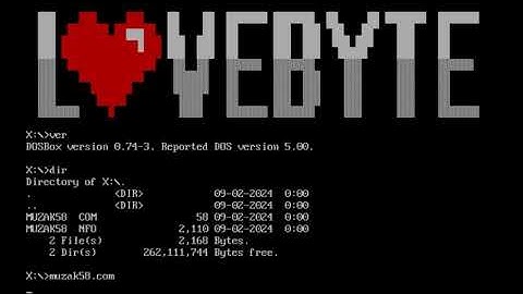 MUZAK58 (58 Byte x86 DOS Intro for Lovebyte 2024 demoscene party)