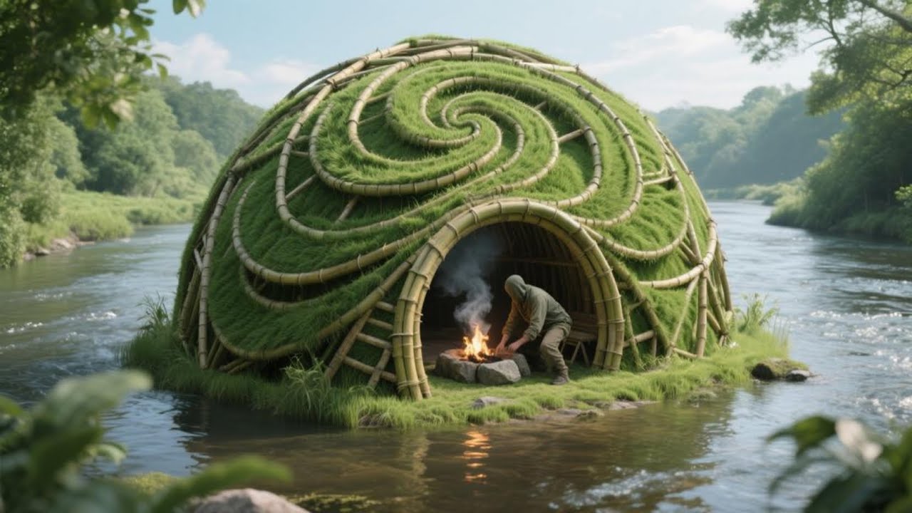 Most Creative Dome Shelter Ever | Unique Bamboo & Grass Survival House in the River