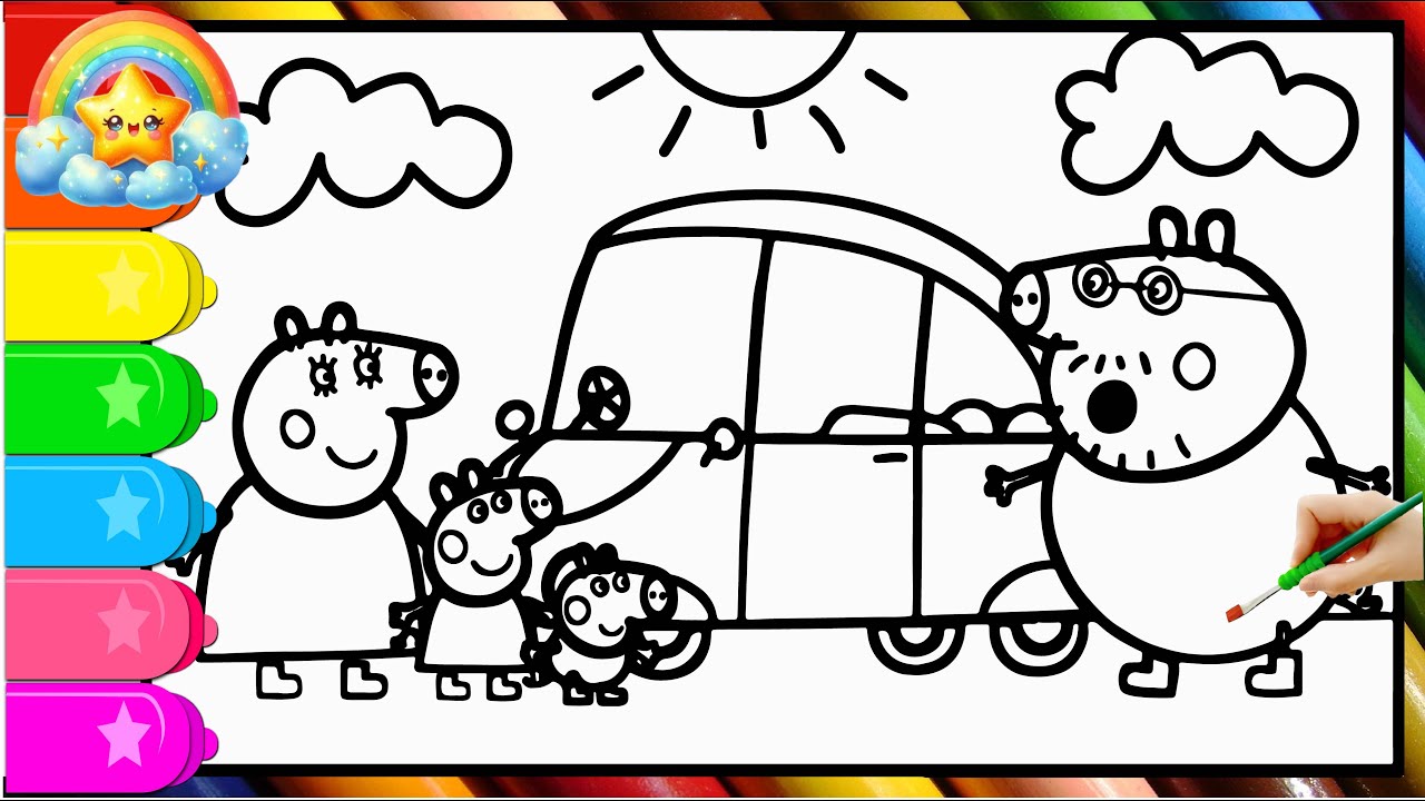 Рисунок Пеппы и её семьи, моющих свой новый электромобиль (простой рисунок), рисунок Пеппы.