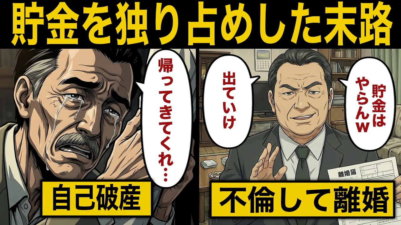 【漫画】60歳で不倫をして熟年離婚をした男の末路...。「貯金は１円もやらんw」→不倫相手にも逃げられて貯金ゼロの生活に…【シニア】【スカッと】【年金】【老後】