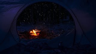 Overnight in a tent | Winter camping ambience with blizzard and bonfire