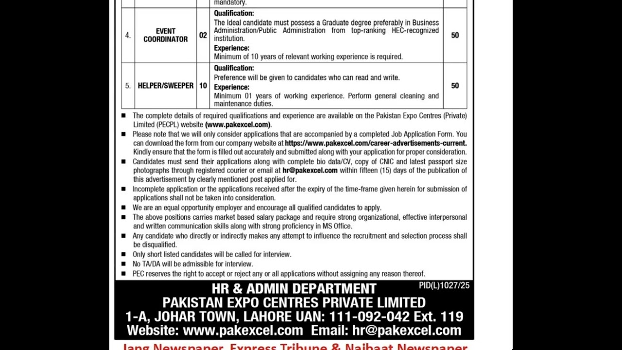 Pakistan Expo Centers Jobs 2025 | Latest Govt Jobs in Lahore