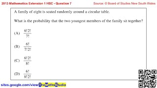 2013 Maths Extension 1 HSC Q7 Find probability of outcome given 8-person circular arrangement