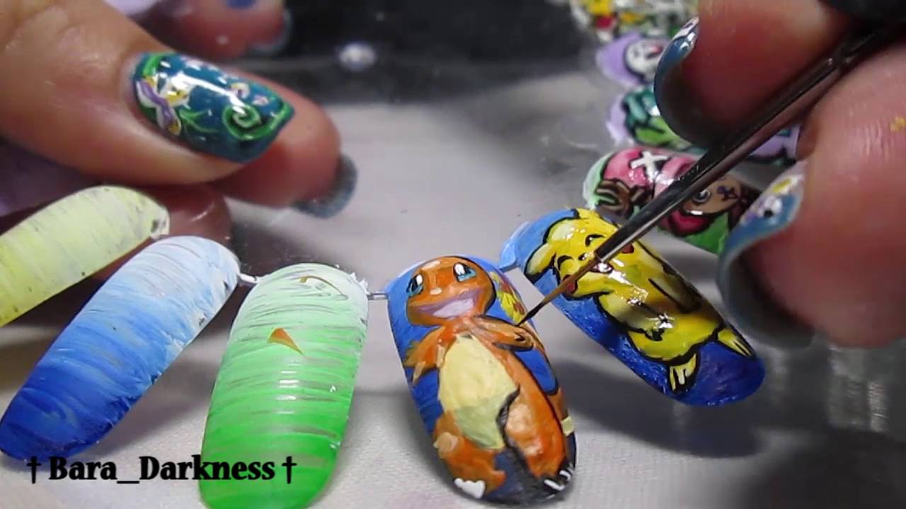 Acrylic paint nail art - pokemon - charmander