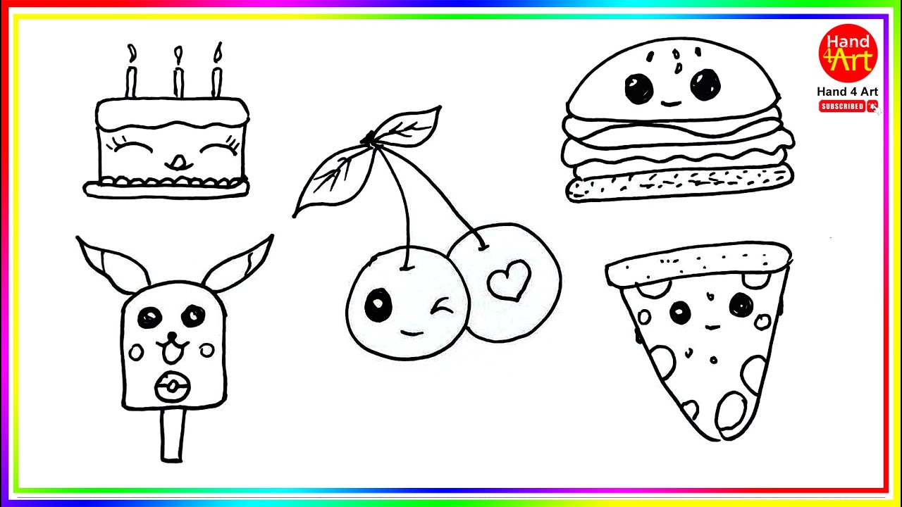 Easy drawing (birthday Cake / Cherry / Pizza / hamburger / icecream