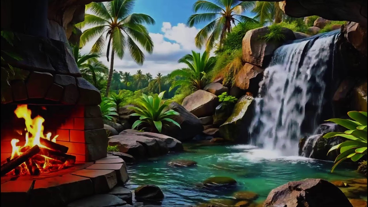 Calm Fireplace &  Waterfall Ambience with Gentle Birds | Cozy Hearth ASMR | Relaxing Focus