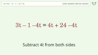 Solve 3t-1=4(t+6): Linear Equation Video Solution | Tiger Algebra