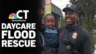 Bridgeport firefighters carry daycare children to safety during Connecticut flash flooding