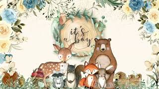 Baby Shower background video,  Woodland animals and blue flowers 1h