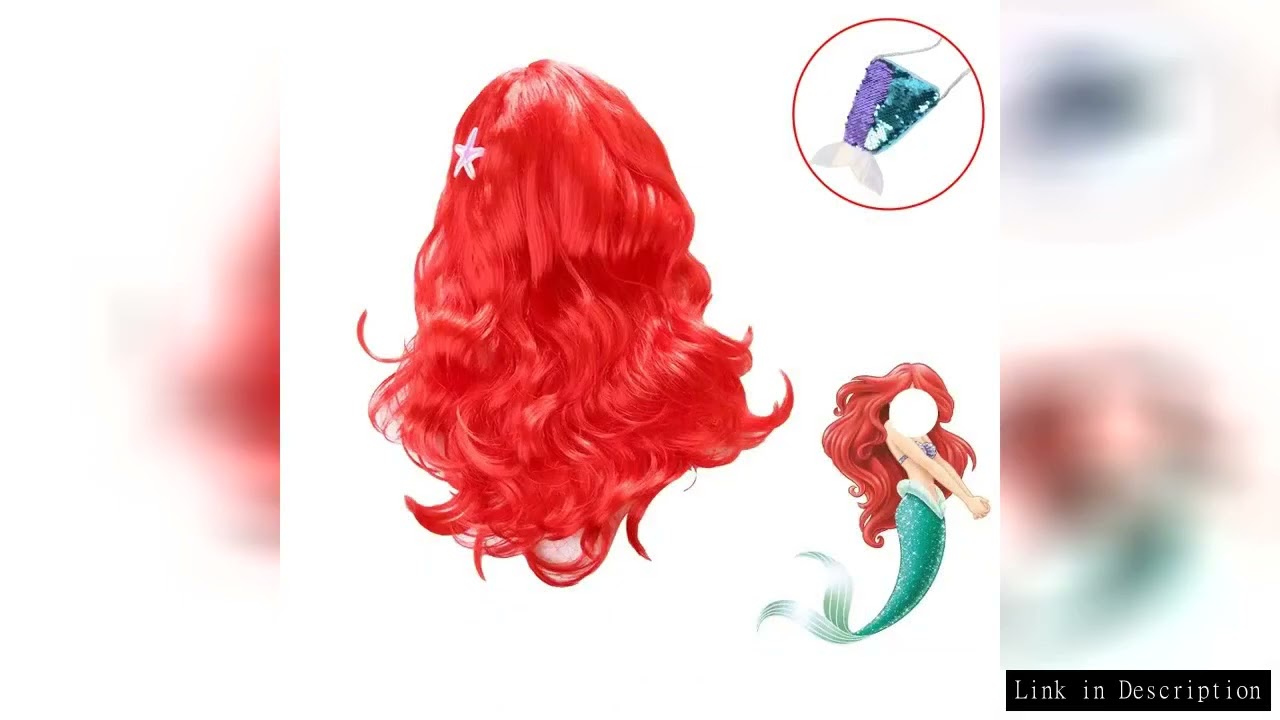 Ariel Little Mermaid Wig for Girls Red Wavy Long Hair with Cute Mermaid Tail Purse Bag Halloween Car
