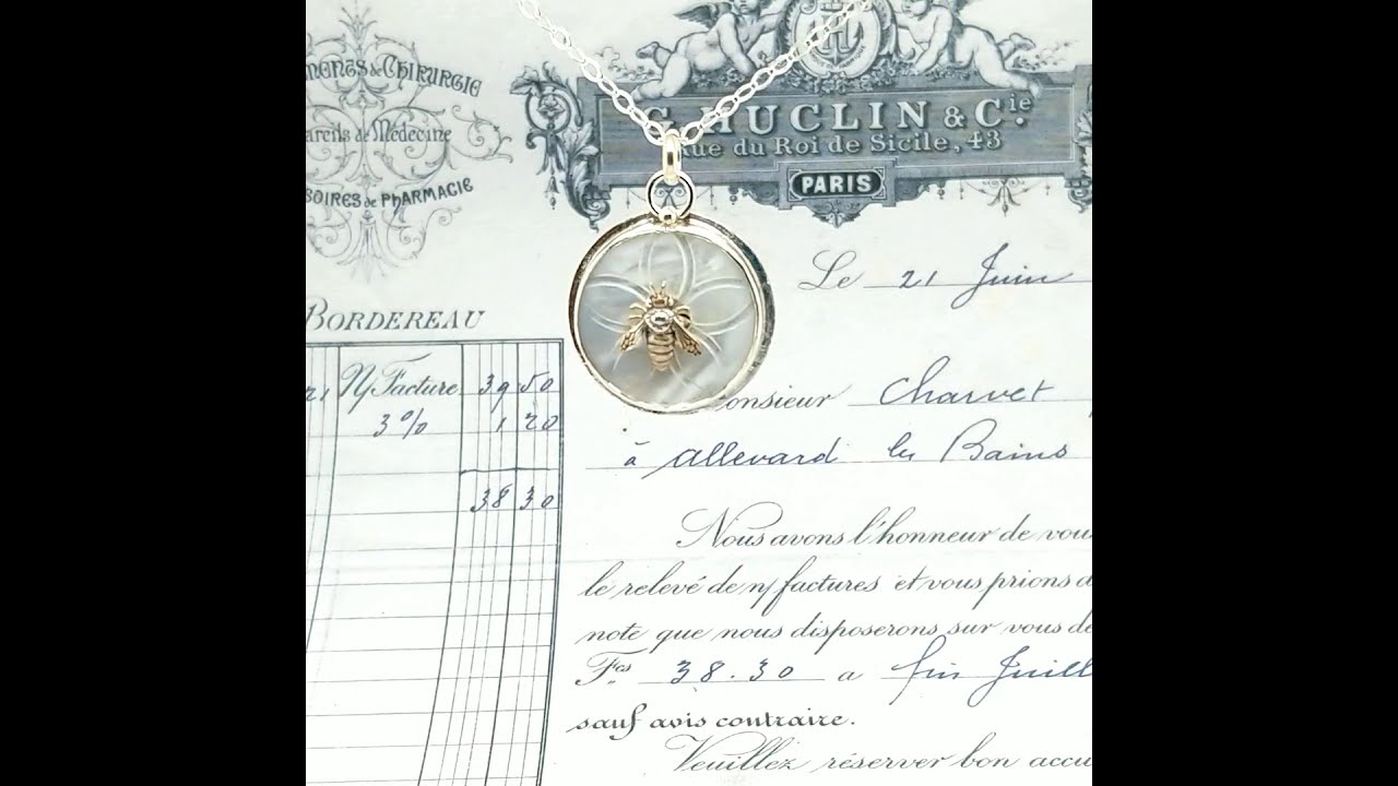 Antique mother of pearl button with honey bee 1