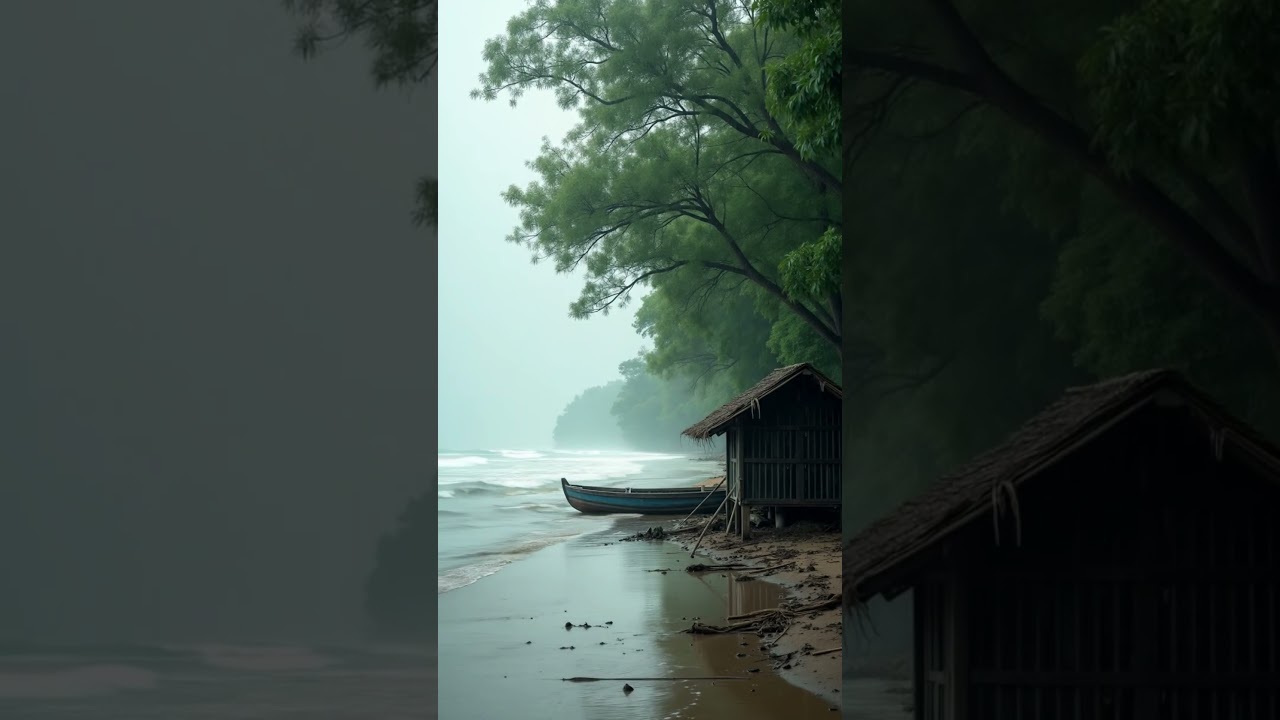 Calm Rain and Ocean Waves | Tranquil Beach Scenery with Old Boat 
