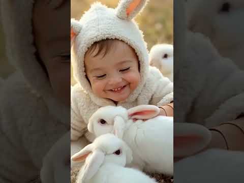 Pequeno bebê com coelhinhos, feito com IA #bebe #animal