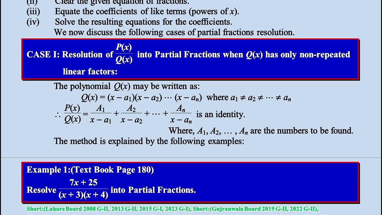 First Year Math Chapter No 5, Partial Fractions With Solved MCQS from past papers.