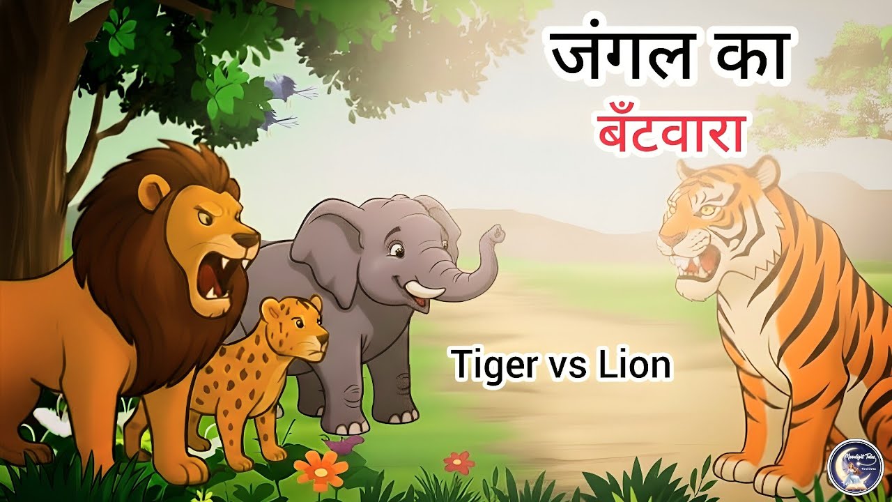 शेर और बाघ के बीच जंगल का बँटवारा❓ | शेर vs बाघ | bacho ki khani || moonlight tales 99 