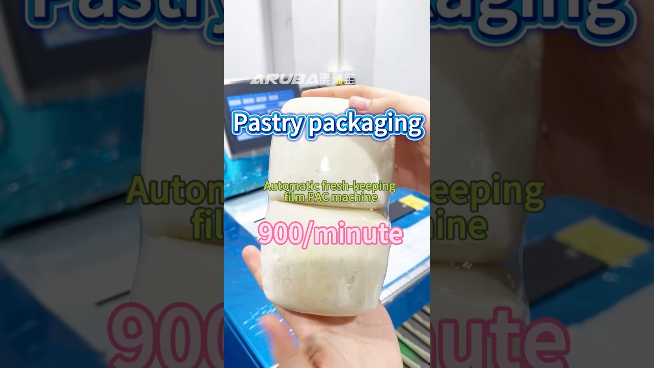 Automatic fresh-keeping film packaging machine, which can package products such as pastry.